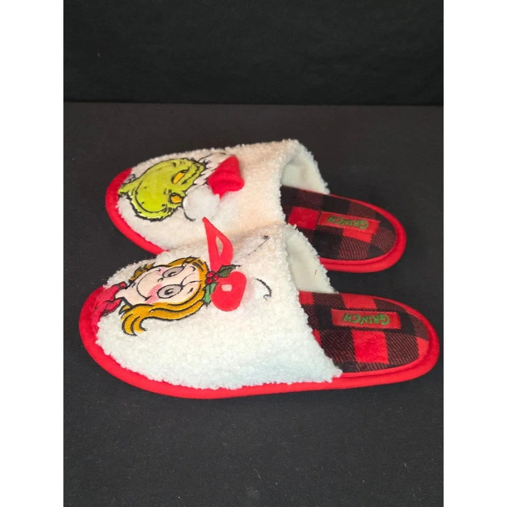 Grinch & Cindy Lou Who Holiday Slippers Cozy Plush Red‎ Plaid Kids Size 11-12
